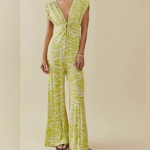 NWOT Free People Next Summer Jersey Lime White Jumpsuit Size Large